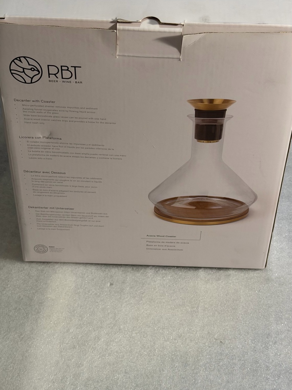 RBT Glass Decanter with Wood Coaster - Clear and Gold Accents NWB